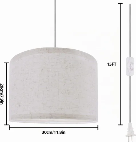 Vista 2 de Lámpara colgante enchufable, luces colgantes de 15 pies con cable de enchufe, interruptor de encendido/apagado, pantalla de lino, lámpara colgante