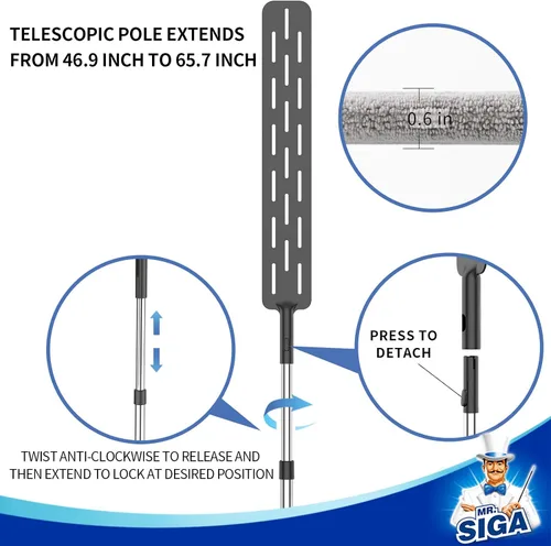 Vista 4 de MR.SIGA Plumero Flexible de Microfibra Largo para Limpieza de Espacios, Mango Ajustable de Acero Inoxidable, Plumero de Limpieza de Espacios Lavable