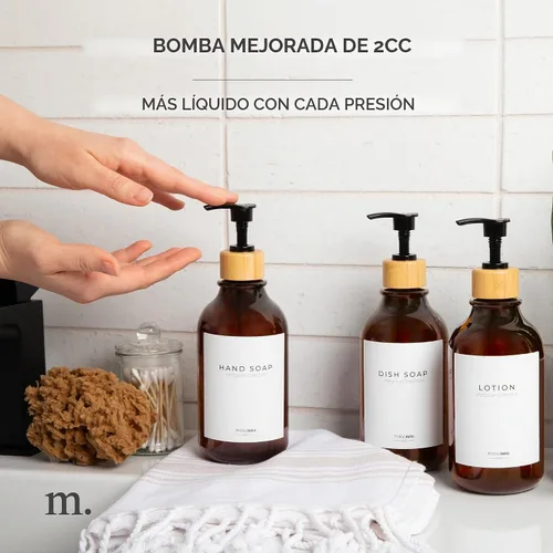 Vista 5 de MaisoNovo Botellas recargables de champú y acondicionador Juego de 3 botellas de plástico ámbar de 16.9 fl oz con bombas de bambú negras