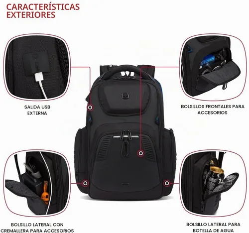Vista 3 de SwissGear Mochila para laptop para juegos con puerto de cargador (USB), azul/negro
