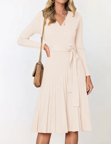 Vista 2 de ZESICA Vestido de Suéter para Mujer de Otoño de Manga Larga con Cuello en V Envolvente de Punto Acanalado Plisado Línea A Pullover con Cinturón