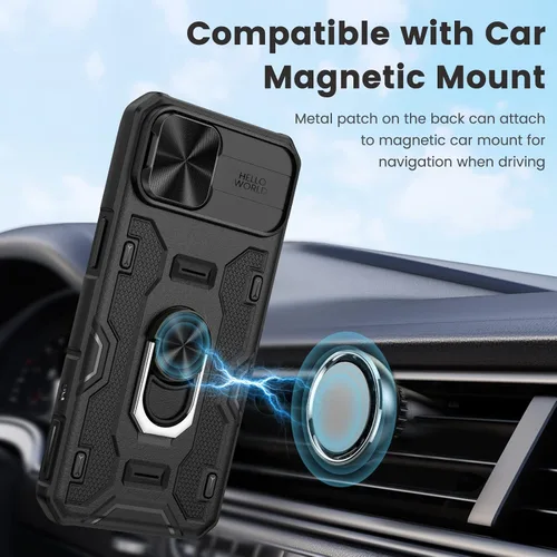 Vista 6 de Caka - Funda para iPhone 14 Plus con soporte y funda para cámara, color negro 360° Rotated Kickstand, Sliding Camera Lens Cover, Heavy Duty Hard
