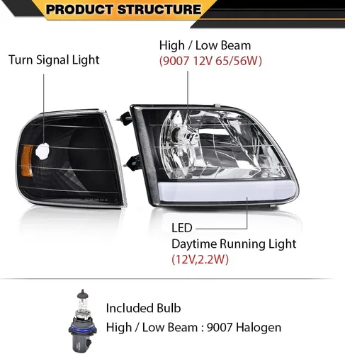 Vista 4 de CNNELL Juego de faros LED DRL estilo fábrica y luces de estacionamiento de esquina compatibles con F150 Expedition 1997-2002/Ford F150 Lente