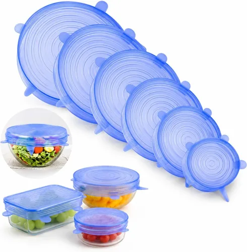 Vista 4 de Juego de 6 tapas elásticas de silicona reutilizables, juego de seis piezas de fundas de silicona para conservar frescos, fundas elásticas