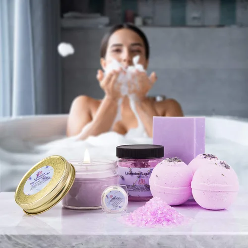 Vista 6 de Cesta de regalo para mujer, juego de regalo de lavanda orgánica, baño y cuerpo en casa, kit de spa, vela de cera de soja, sal de baño de aceite