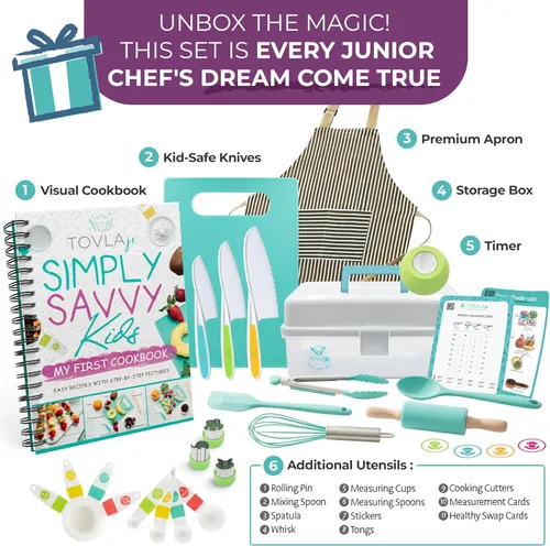 Vista 2 de Juego de regalos definitivo para cocinar y hornear Tovla JR para niños Cuchillos seguros para niños Montessori, delantal, libro de cocina visual