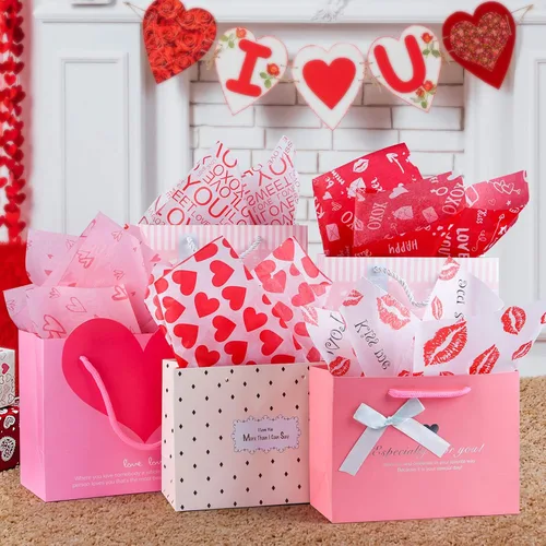 Vista 4 de CHRORINE 60 hojas de papel de seda de San Valentín, 6 diseños, papel de regalo para el día de San Valentín, decoración de manualidades de fiesta