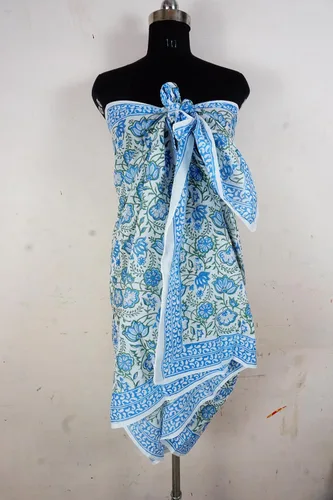 Vista 2 de Pareo 100% algodón con estampado de bloques - Traje de baño para mujer, ropa de playa larga y ropa de resort