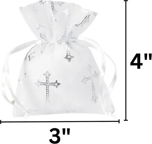 Vista 2 de Needzo Bolsa de rosario de primera comunión, bolsa de regalo de organza con cruz católica para niñas y recuerdos de fiesta, 3 x 4 pulgadas