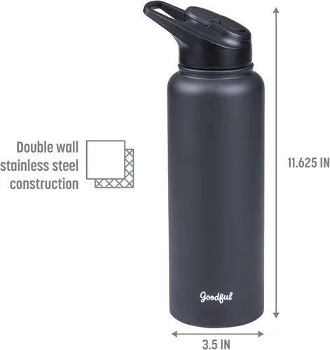 Vista 3 de Goodful Botella de agua de doble pared sellada al vacío, aislada con dos tapas intercambiables, tapas para beber o tragar, a prueba de fugas, boca