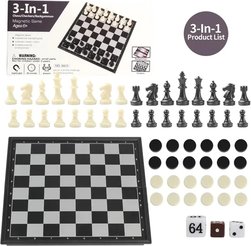 Vista 6 de Andux Juego de mesa magnético plegable tres en uno, ajedrez, backgammon, damas CXYXQ-02 (M)