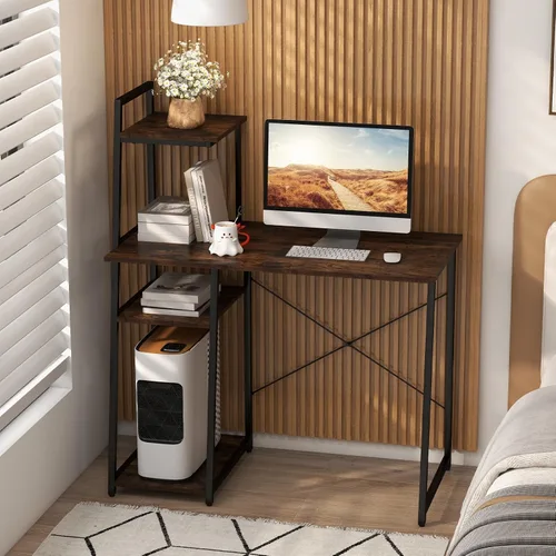 Vista 2 de COSTWAY Escritorio para computadora con estantes de almacenamiento de 4 niveles, mesa de escritorio de oficina en casa con marco resistente