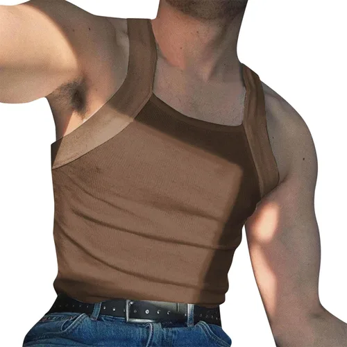 Vista 12 de Generic Camiseta sin mangas acanalada para hombre, corte cuadrado, camiseta sin mangas ajustada, ropa interior de verano, a la moda