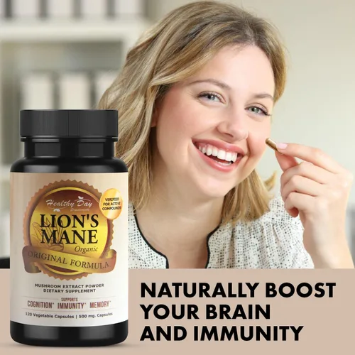 Vista 5 de Lions Mane - Cápsulas de cognición de hongos – 120 unidades Orgánico, sin gluten, suplemento de cerebro alfa para adultos Vitaminas cerebrales