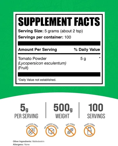 Vista 2 de BulkSupplements. com Tomate en polvo - Tomate molido en polvo para cocinar - Vegano y sin gluten, 0.18 oz por porción, 500g (1.1 lbs) (paquete de 1)