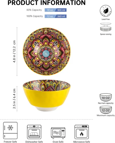 Vista 2 de Henten Home Juego de 6 cuencos pequeños para postre, juego de cuencos de arroz de cerámica de 12 onzas, cuencos coloridos de porcelana para Bohemio