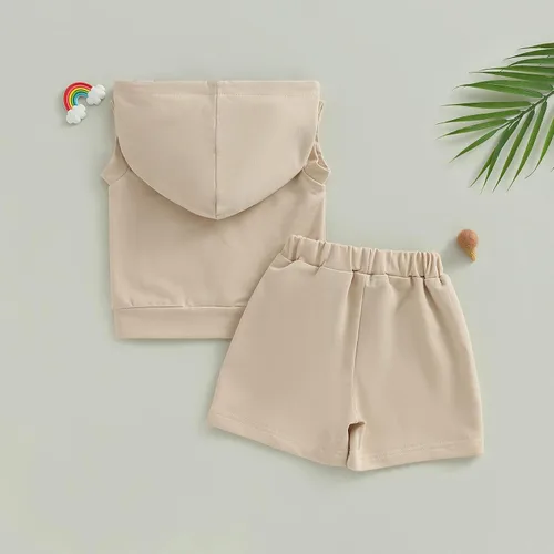 Vista 7 de Conjunto de ropa de verano para bebé niño y niño, diseño a cuadros, manga corta, sudadera con capucha y pantalones cortos casuales