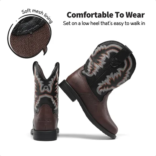 Vista 5 de DREAM PAIRS Botas vaqueras para niños pequeños y niñas, con punta cuadrada occidental, botas de equitación a media pantorrilla