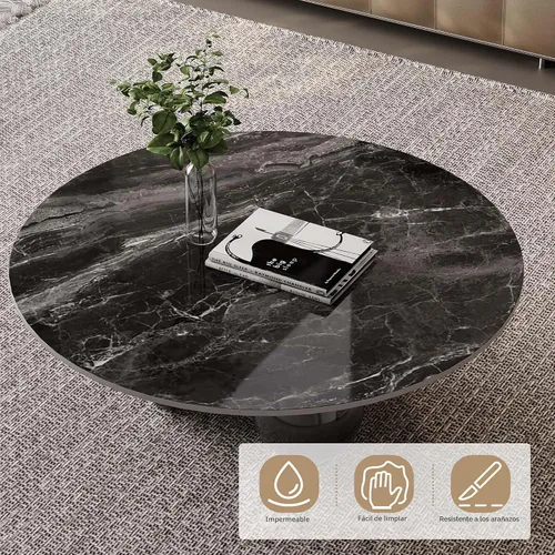 Vista 3 de Mesa de centro redonda moderna de mármol, 39.4 pulgadas, parte superior de aspecto de mármol negro con base de bola negra, mesa central para sala