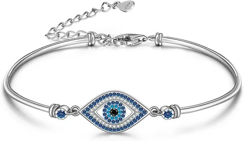 Vista 10 de Fenthring Evil Eye Bracelet Sterling Silver Greek Turkish Blue Evil Eye Bracelets for Women Bangle Adjustable Good Luck Protection Jewelry Cute