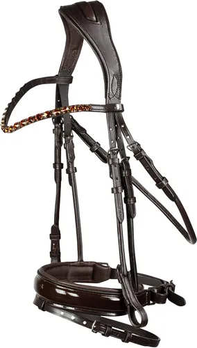 Vista 11 de HORZE Clermont - Brida ergonómica acolchada de cuero genuino para caballos, banda de nariz flash incluida, color negro, caballo