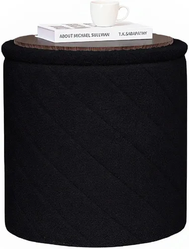 Vista 9 de B FSOBEIIALEO Otomana con almacenamiento, Otomana redonda de almacenamiento de bouclé con bandeja, Taburete reposapiés para dormitorio, Otomana