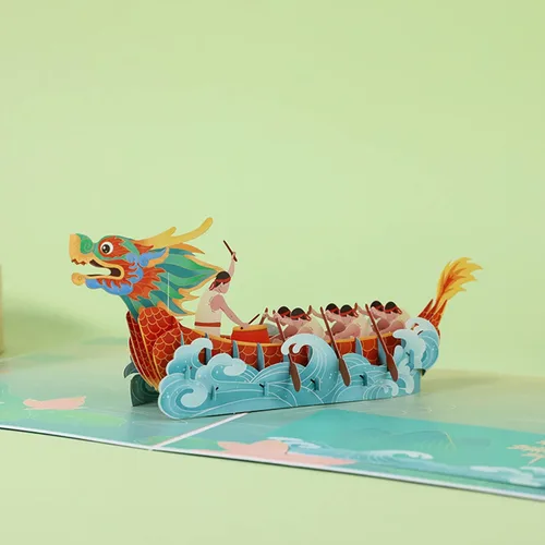 Vista 9 de Tarjeta de felicitación del festival de barcos del dragón chino, tarjetas de papel emergentes 3D con sobre para fiesta de Año Nuevo, regalo del día