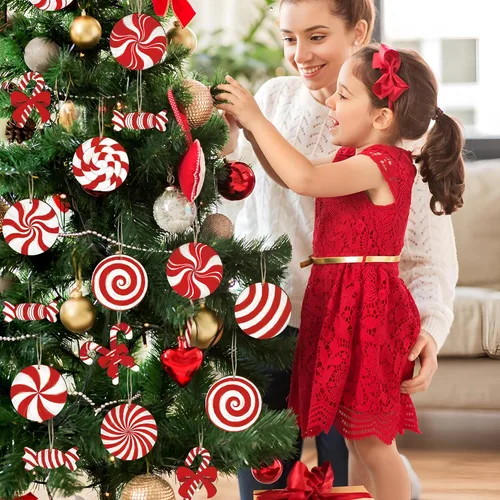 Vista 6 de 36 piezas de adornos navideños de madera con forma de bastón de caramelo, decoración colgante para árbol de Navidad, piruletas de menta roja