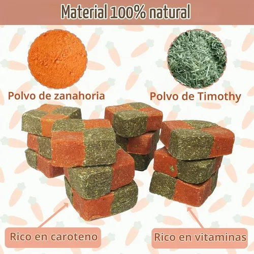 Vista 2 de Fhiny 12 piezas de juguetes masticables de zanahorias de conejo, cubos de galletas de heno Timothy naturales, golosinas molares de conejo