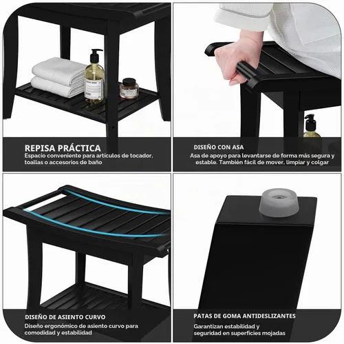 Vista 3 de Taburete Banco de Ducha de Bambú Impermeable con Estante de Almacenamiento para Afeitarse las Piernas o Asiento de Baño de Spa en el Baño y Dentro