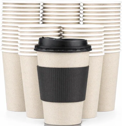 Vista 11 de Promora Tazas de café desechables marrones de 8 onzas con tapas y mangas, fundas desechables para tazas de café caliente, tazas de papel de café