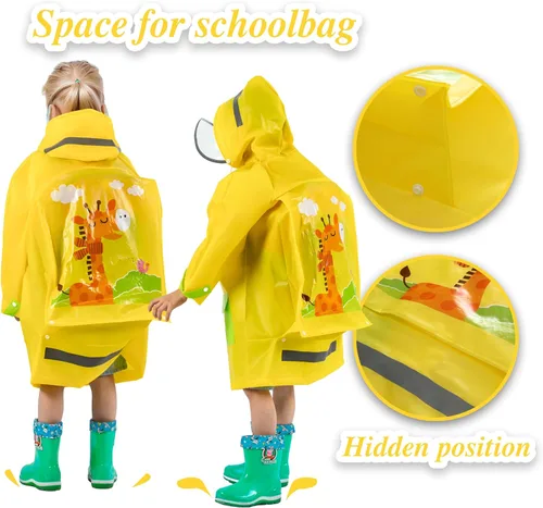 Vista 4 de Impermeable para niños y niñas, poncho de lluvia con capucha, impermeable, reutilizable, EVA, ropa impermeable para niños de 2 a 12 años