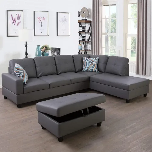 Vista 11 de Juego de sofá seccional de cuero para sala de estar, juego de 3 piezas con almacenamiento otomano negro para sala de estar/dormitorio/apartamento