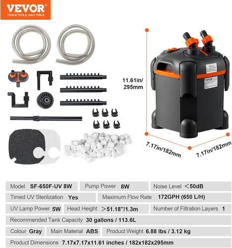 Vista 7 de VEVOR Filtro de Acuario 172GPH, Filtro de Cápsula 20-35 Galones, Filtro Interno de Acuario Ultra-Silencioso con Protección UV, Filtro de Potencia