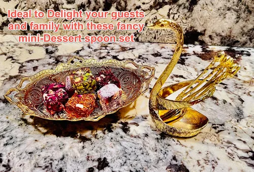 Vista 8 de Swan Spoon Eid - Juego de cubiertos de cuchara pequeña – Cubertería festiva de lujo, decoración moderna con soporte de 7 piezas (dorado)