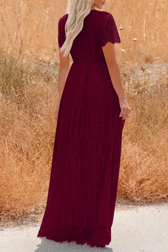 Vista 8 de PRETTYGARDEN - Vestido largo de encaje floral para mujer, manga corta, cuello en V, vestidos de fiesta para boda y para la noche