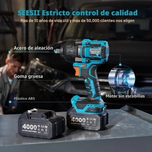 Vista 8 de Seesii Llave de impacto de 886 pies (1200 N.m), pistola de impacto de alto par 1/2 con batería de 21 V, 4000 mAh, destornillador de impacto