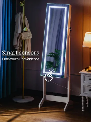 Vista 3 de LUXFURNI Armario de joyería con luz LED, espejo de pantalla completa, armario con cerradura, organizador grande de almacenamiento de cosméticos