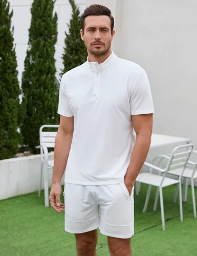 Vista 3 de TURETRENDY Conjunto de camisa polo y pantalones cortos para hombre, manga corta, cremallera, 2 piezas, traje de verano, casual, atlético, conjunto