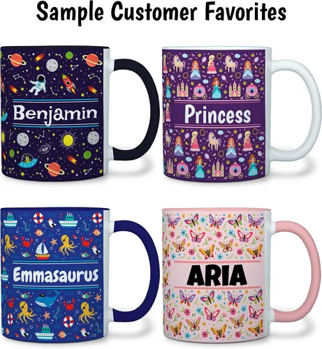 Vista 3 de Taza personalizada para niños – Mariposas – Nombre/texto personalizado, chocolate caliente de cerámica, cacao/taza de café para niñas, regalo