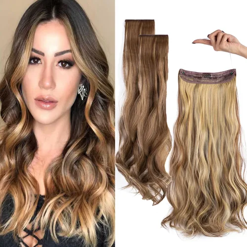 Vista 16 de Extensiones de cabello invisibles con halo mejorado con 3 piezas de diadema ajustable, largo, ondulado, extensiones de cabello rubio decolorado