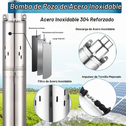 Vista 3 de Bomba de agua solar, bomba sumergible de pozo profundo de CC, bomba de pozo profundo de acero inoxidable de 3 pulgadas con cable de alimentación