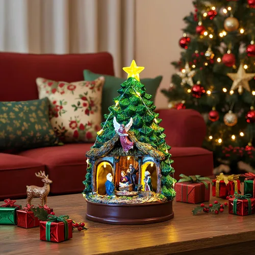 Vista 3 de Árbol de Navidad Iluminado y Animado Escena de Natividad del Pesebre, Figuras Musicales de la Familia de Ángeles con Luz LED que Reproduce Música