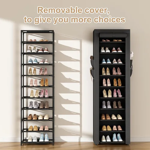 Vista 5 de ROJASOP Zapatero con cubiertas, organizador de zapatos grande de 10 niveles, almacenamiento alto para 20-22 pares de zapatos y botas, organizador
