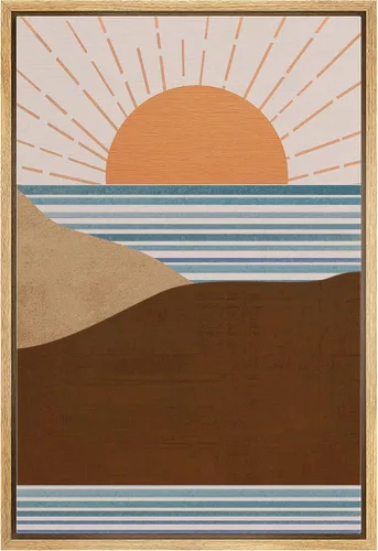 Vista 9 de bestdeal depot Lienzo enmarcado para pared, arte geométrico de sol y montaña, reflejo del mar, naturaleza, ilustraciones de área silvestre, arte