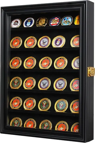 Vista 7 de ARTAWEIN Expositor de monedas de desafío militar con cerradura con cerradura con 2 estantes extraíbles y estantes extraíbles de 2 ranuras y puerta