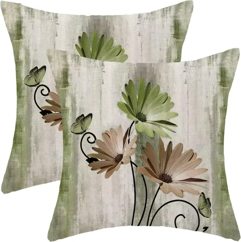 Vista 17 de Juego de 2 fundas de almohada florales de color salvia de 16 x 16 pulgadas, fundas de almohada decorativas con flores de margarita y mariposas