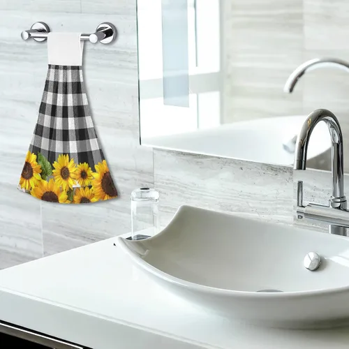 Vista 6 de ALAZA Juego de 2 toallas de cocina colgantes con diseño de girasol amarillo y negro, blanco y negro, juego de toallas de mano, paños absorbentes