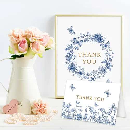 Vista 5 de AnyDesign Paquete de 36 tarjetas de agradecimiento florales azules y blancas con sobres de papel de estraza con calcomanías elegantes