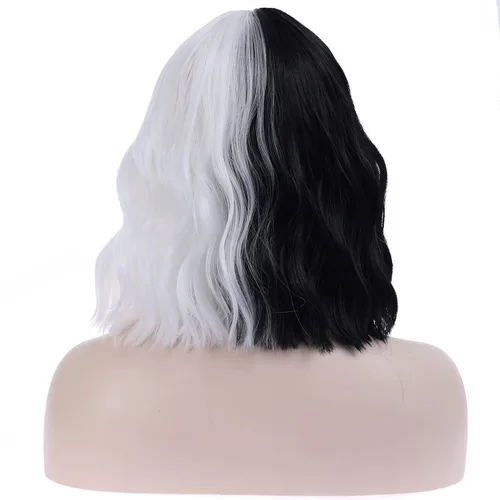 Vista 4 de BERON Pelucas cortas en blanco y negro, peluca rizada con flequillo, pelucas de pelo ondulado, pelucas sintéticas de mitad y mitad de mujer, uso